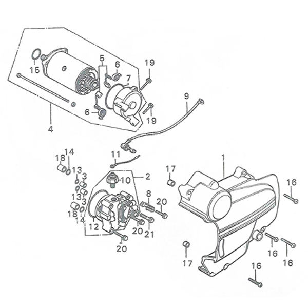 E-10.L.Crankcase cover. Starting motor. Oil pump