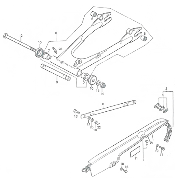 F-21.Rear fork, Chain case